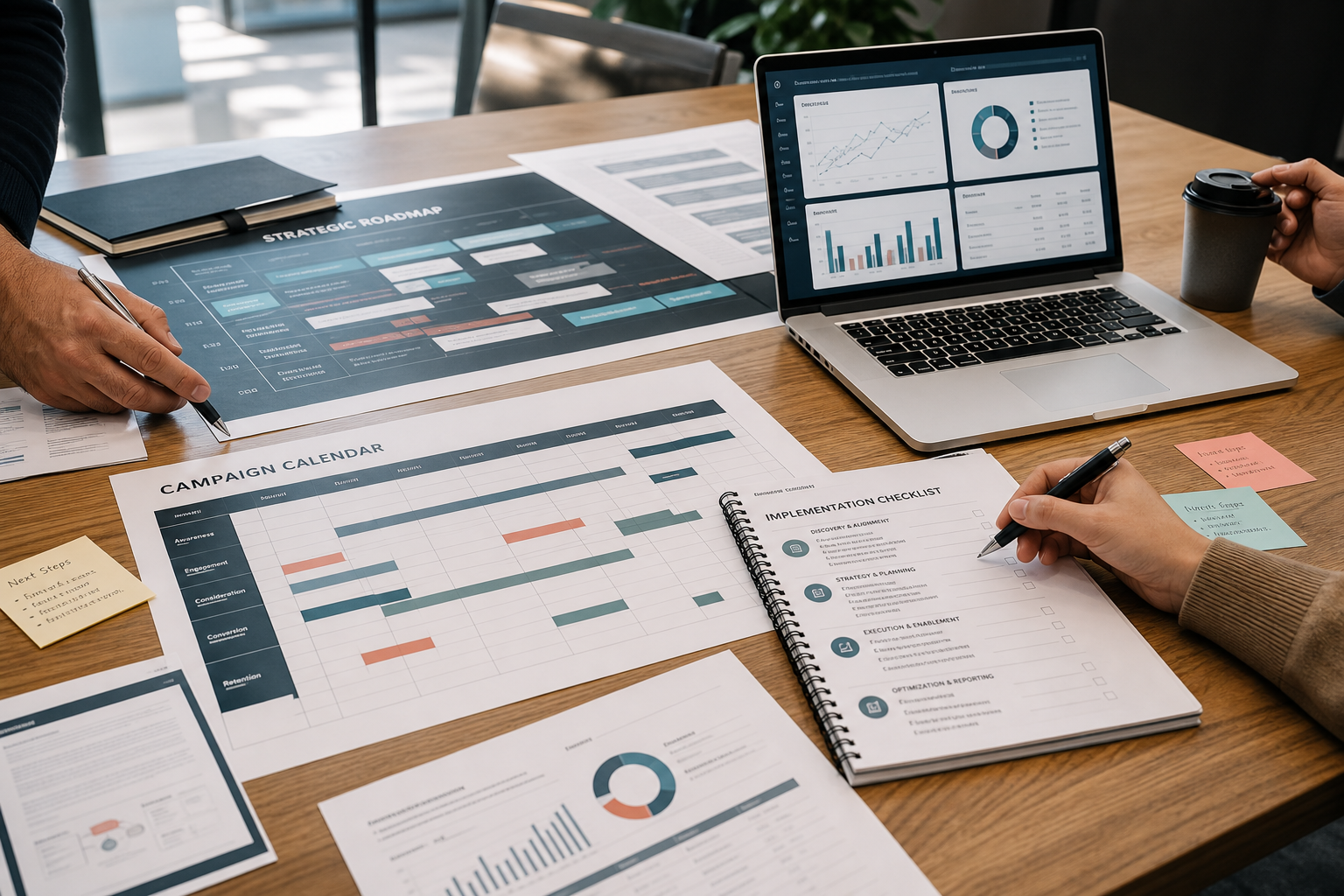 Consulting deliverables with strategy roadmap, campaign calendar, dashboard, and checklist