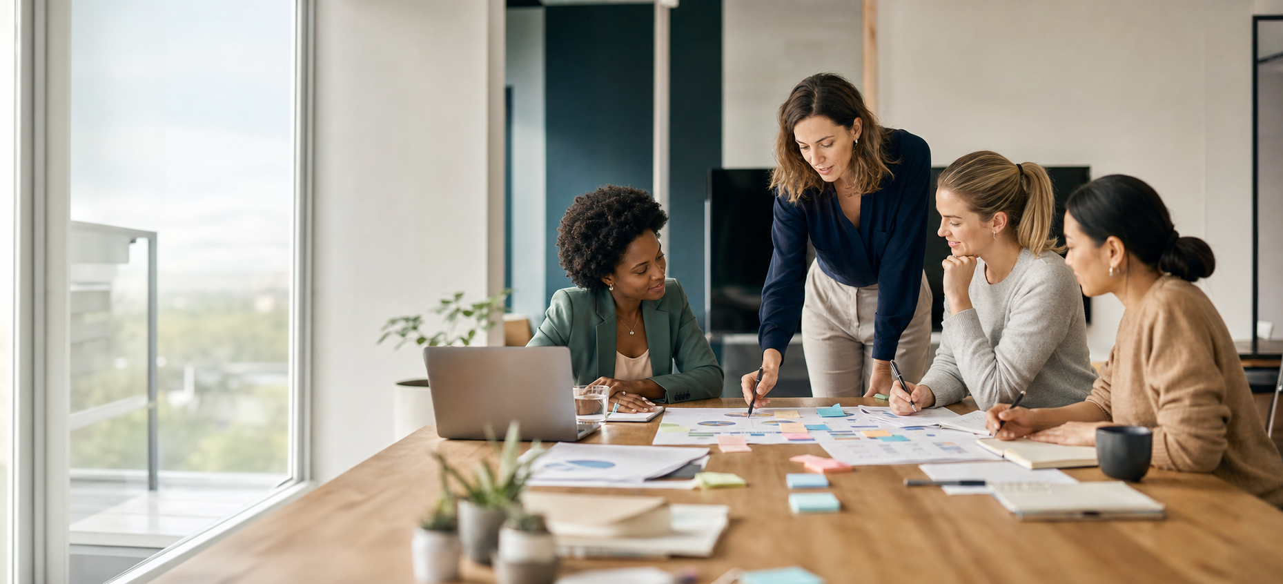 Small consulting team collaborating over strategy documents